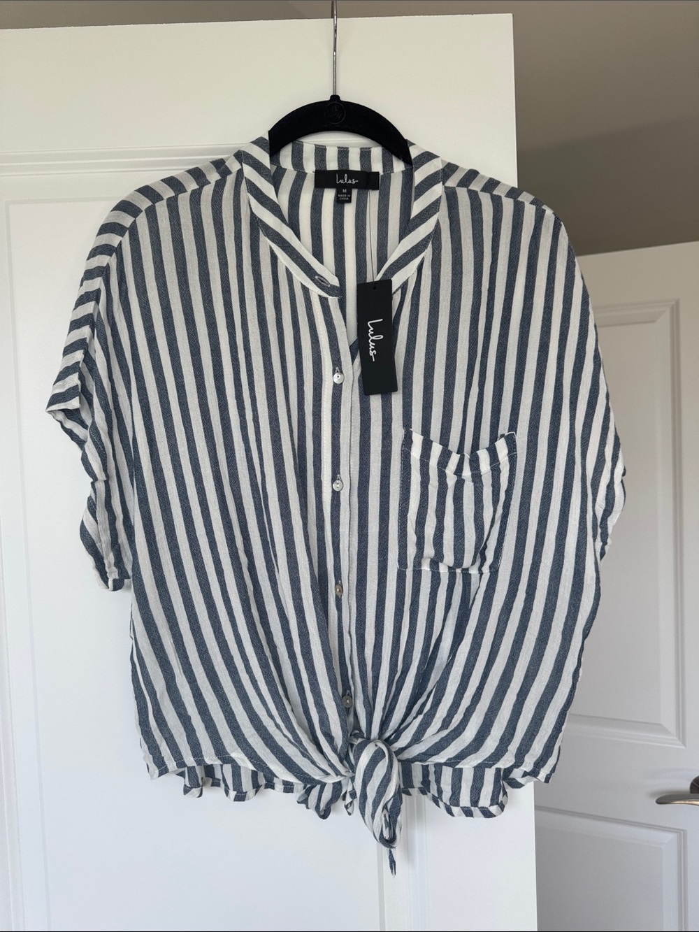 Lulu's Navy & White Vertical Stripe Short-Sleeve Button Shirt